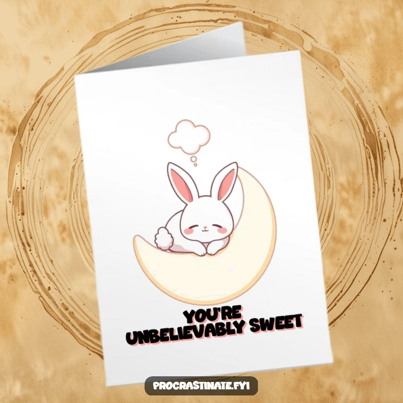 Funny Free Printable Thank You Card: A smiling bunny enjoys a peaceful nap on a soft moon, dream bubble nearby.