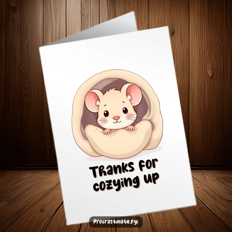 Funny Free Printable Thank You Card: Cute kawaii mouse peeking from under a blanket, offering a cozy thank you.