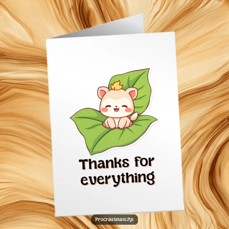 Funny Free Printable Thank You Card: A joyful animal floating contentedly on a large leaf, symbolizing a thankful journey.