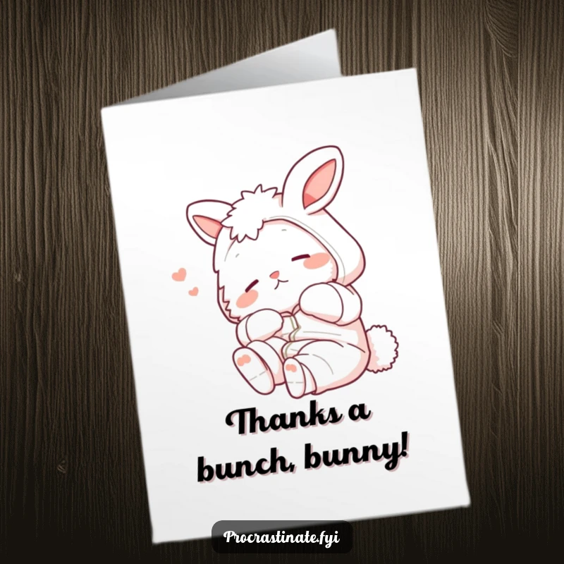 Funny Free Printable Thank You Card: A fluffy bunny in PJs stretching lazily, showing appreciation with humor.