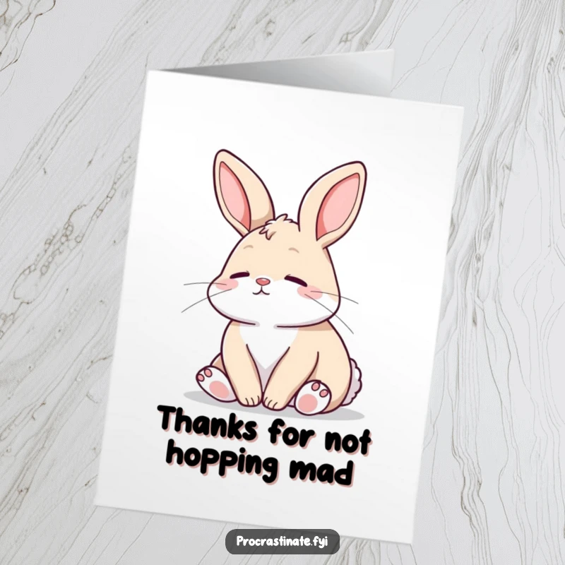 Funny Free Printable Thank You Card featuring a relaxed bunny with a peaceful gaze, expressing quiet gratitude.