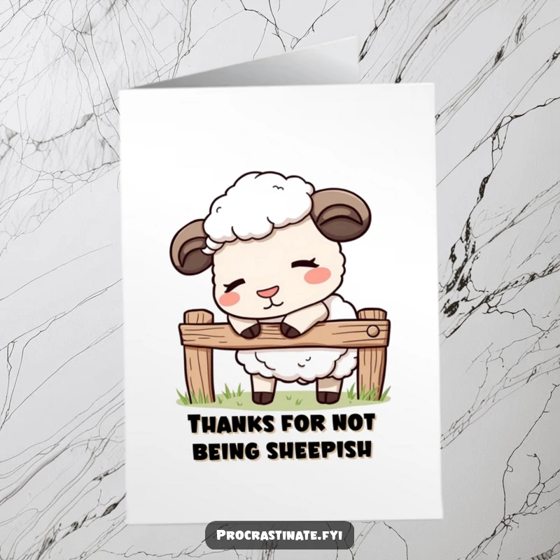 Funny Free Printable Thank You Card: Cute kawaii sheep gently nodding off while leaning on a fence, conveying peaceful thanks.