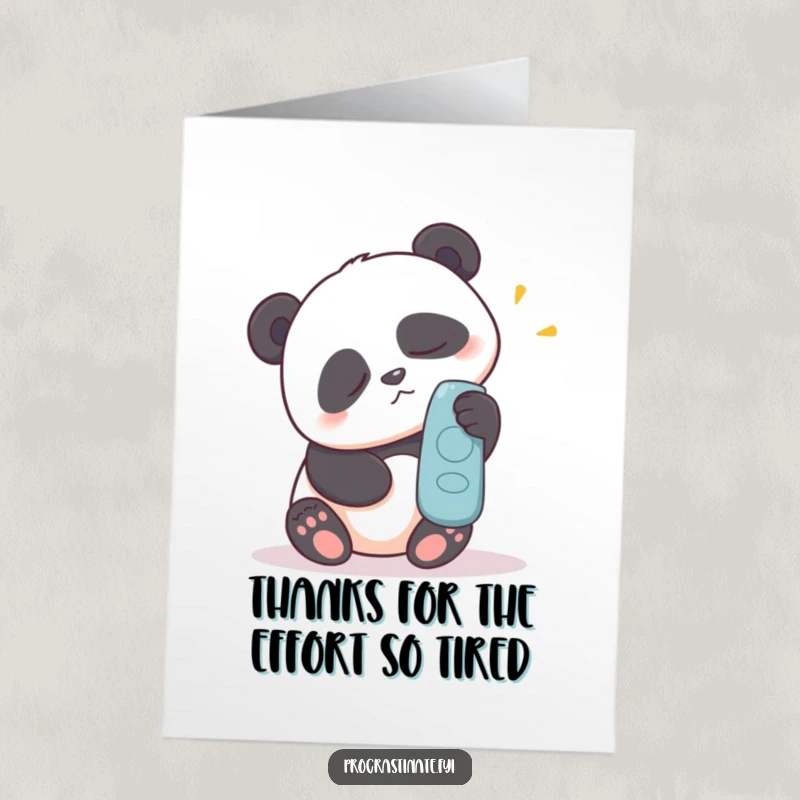Funny Free Printable Thank You Card featuring a sleepy panda trying hard to reach a remote, a humorous thank you.