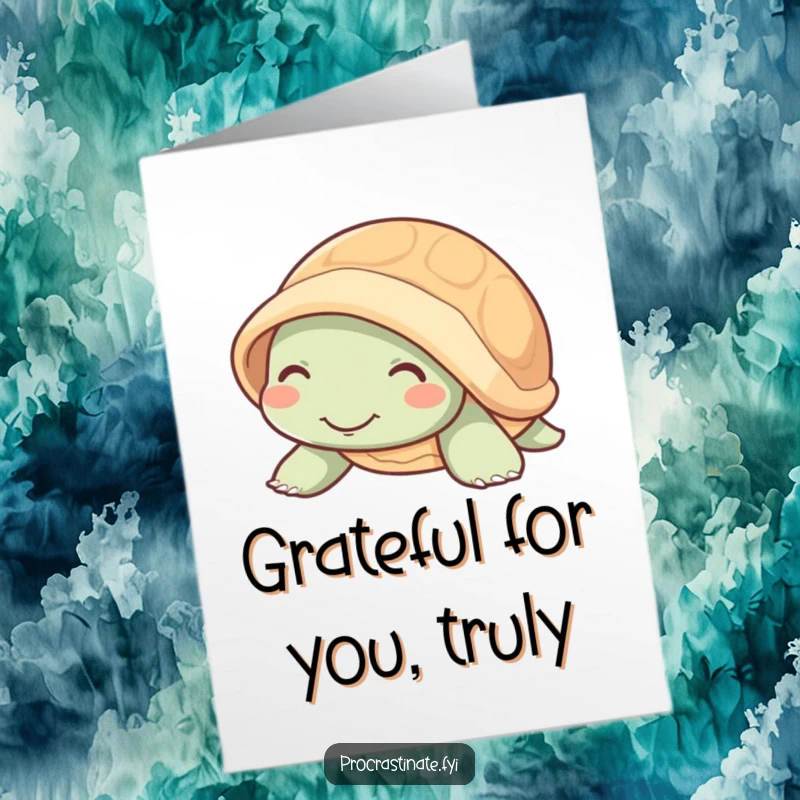 Funny free printable thank you card featuring a mellow turtle smiling as it peeks from its shell, perfect for thanks.