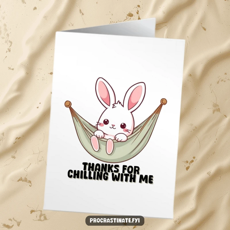 Funny Free Printable Thank You Card with a kawaii rabbit chilling in a hammock, perfect for sending relaxed gratitude and good feelings.