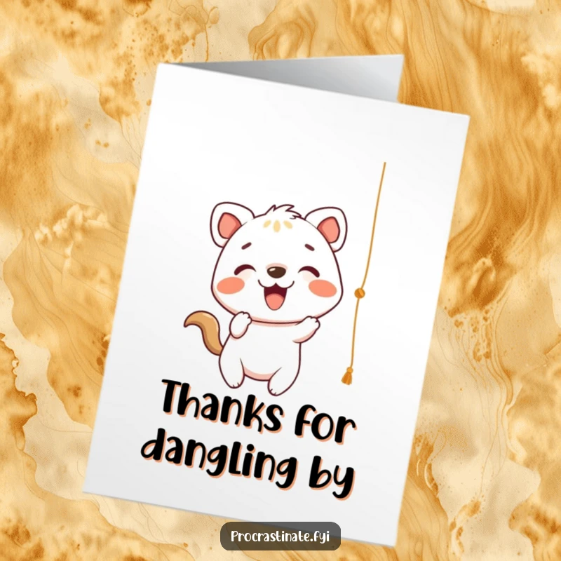 Funny Free Printable Thank You Card: Cheerful animal playfully batting at a string, expressing thanks joyfully.