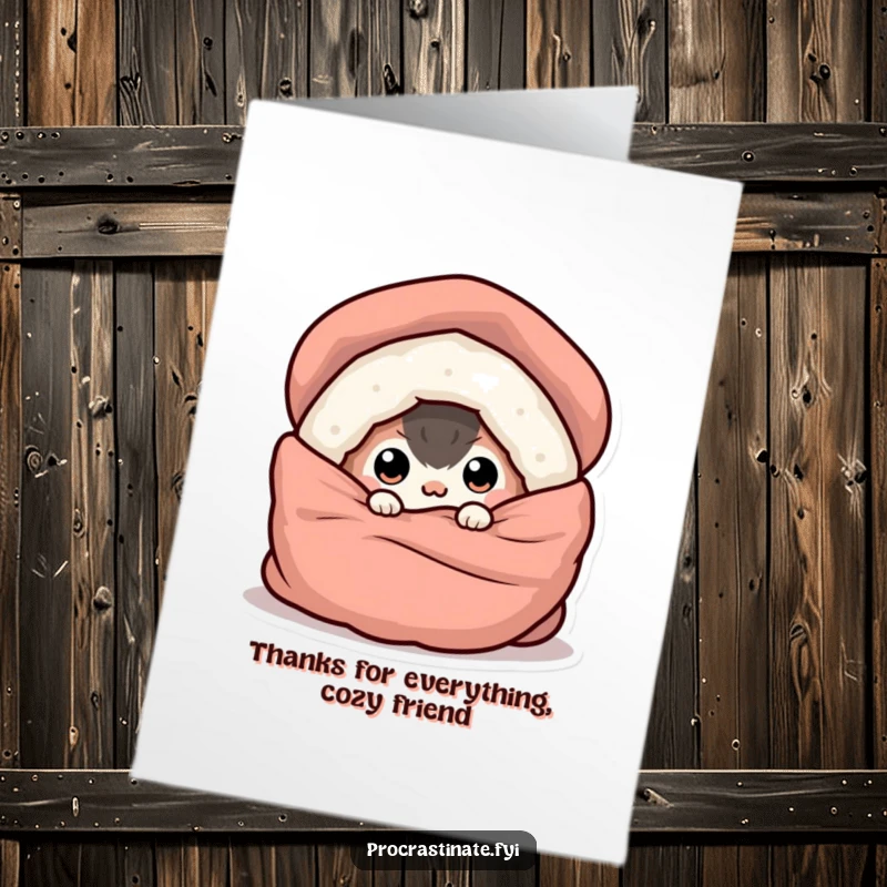 Funny Free Printable Thank You Card: A round creature's eyes peeking from a blanket, sending warm thanks from home.