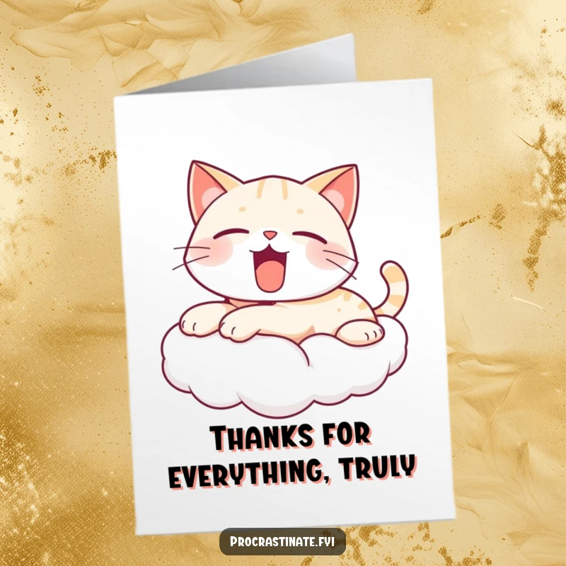 Funny Free Printable Kawaii Cat Thank You Card: A sleepy kawaii cat on a cloud yawning, sending cozy thanks.