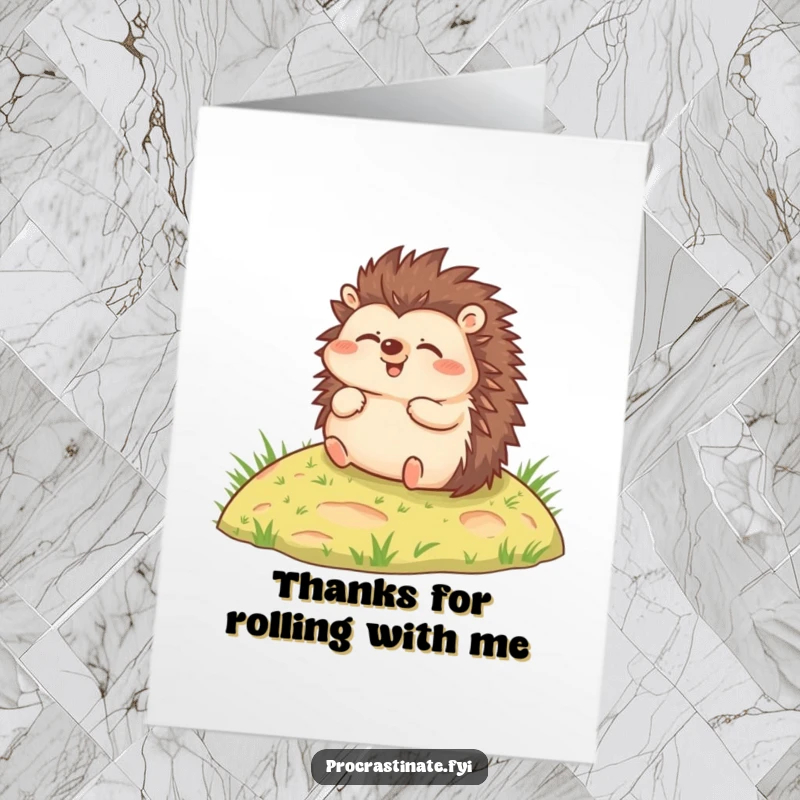 Funny Free Printable Thank You Card with a joyful hedgehog rolling down a hill, conveying relaxed and happy thanks.