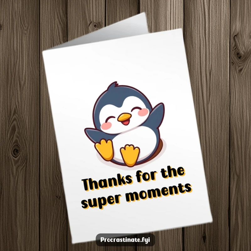 Funny Free Printable Thank You Card: Penguin sliding down a snowy hill with closed eyes, conveying thanks with pure, unadulterated joy.