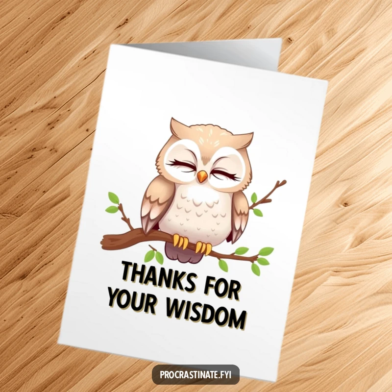 Funny Free Printable Owl Thank You Card: Curious owl blinks slowly from cozy branch, expressing thanks with quiet wisdom.