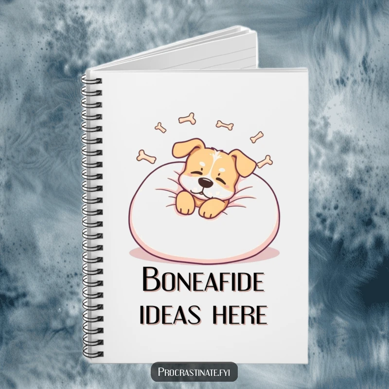 Funny dog notebook featuring a relaxed dog lounging on a giant pillow, dreaming of bones, perfect for journaling and notes.