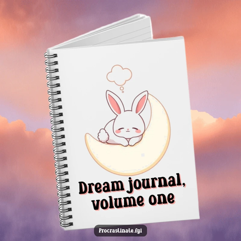 Funny bunny notebook with a smiling bunny sleeping on a soft moon, a dream bubble adding to its whimsical and dreamy appeal.