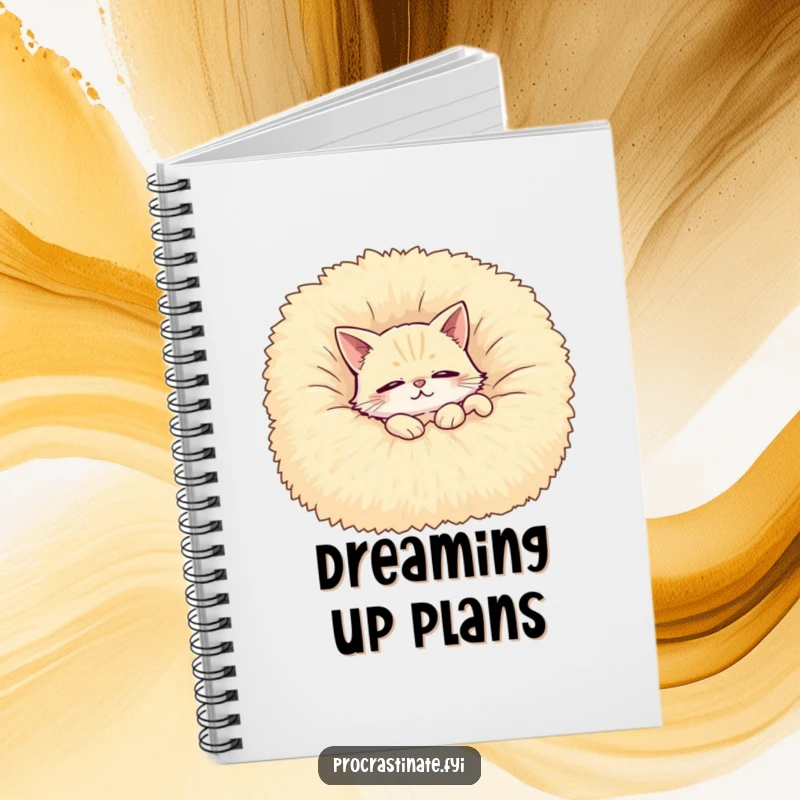 Funny notebook with a contented cat lounging on a giant, fluffy blanket, perfect for jotting down notes or plans.