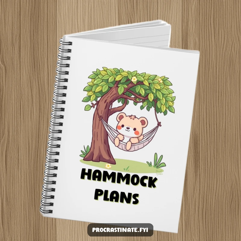 Funny notebook featuring a playful animal character enjoying a lazy hammock swing, ideal for jotting down relaxing thoughts.