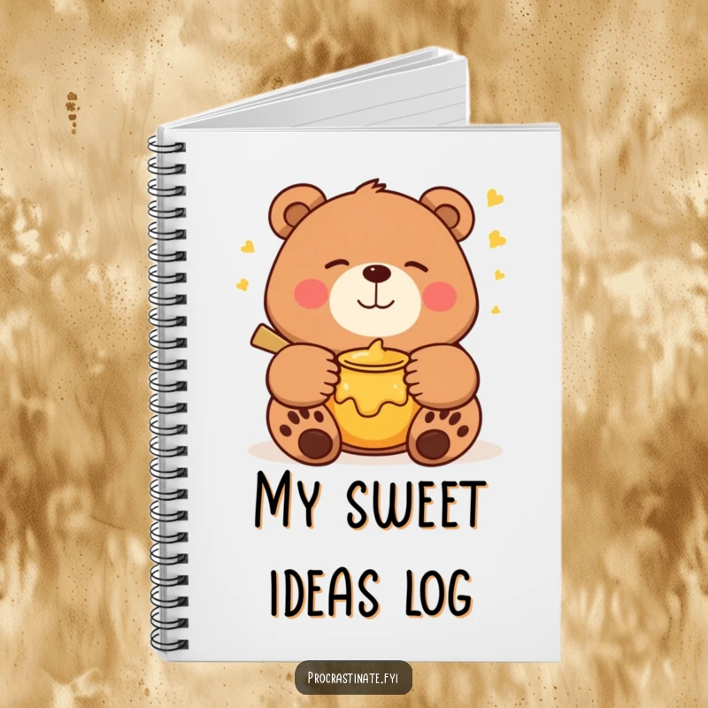 Funny bear notebook featuring a smiling bear dreaming of a honey pot, perfect for writing, journaling, and creative thoughts.
