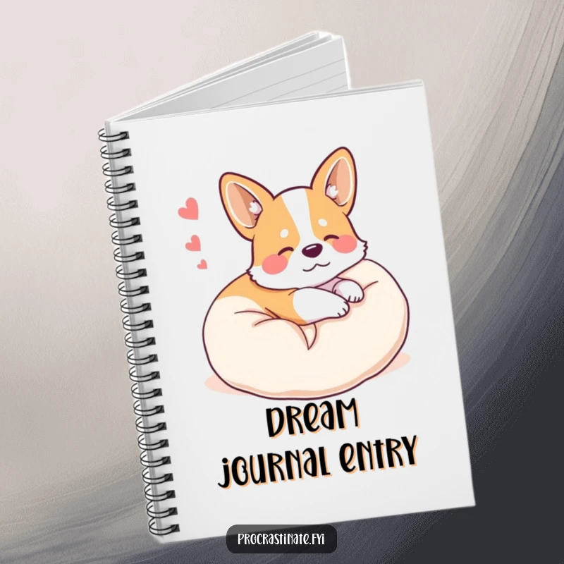 Funny happy corgi curled up on a plush pillow, dreaming, printed on the cover of a delightful notebook.