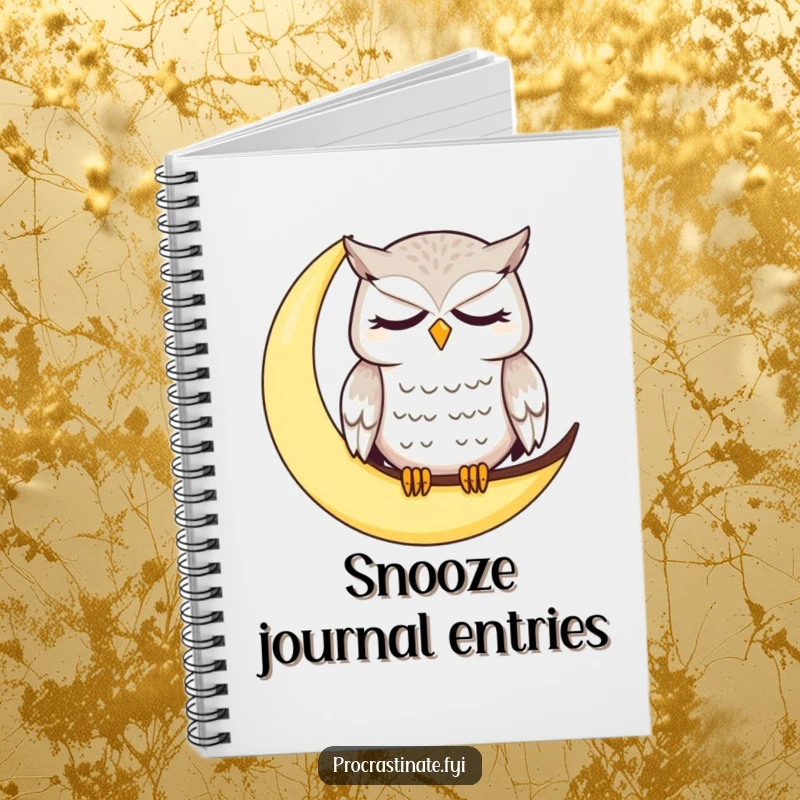 Funny owl notebook with a dazed, sleepy owl on a crescent moon, designed for humorous note-taking and journaling.
