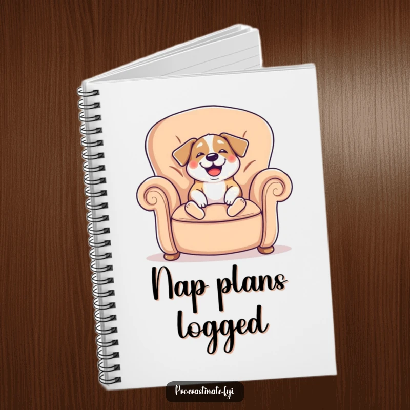 Funny notebook with a cheerful dog sighing happily while sinking into a giant comfy armchair, perfect for notes.