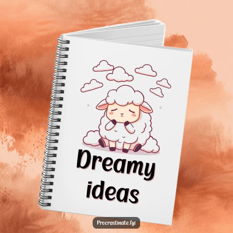 Funny dozing sheep counting stylized clouds, perfect for a peaceful and inspiring journal cover.