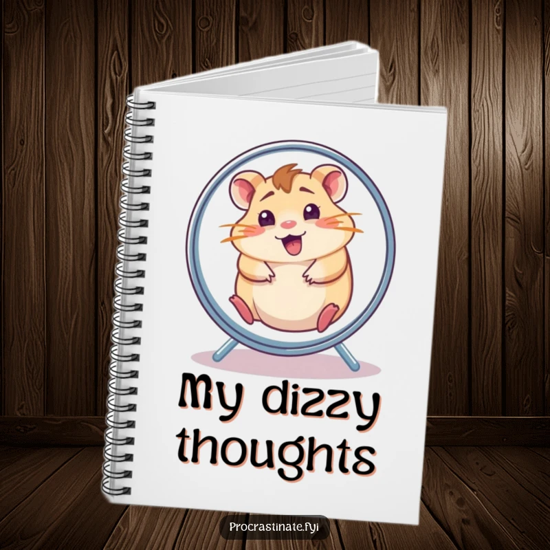 Funny hamster notebook featuring a cheerful, dazed hamster spinning in its wheel, perfect for jotting down energetic thoughts.