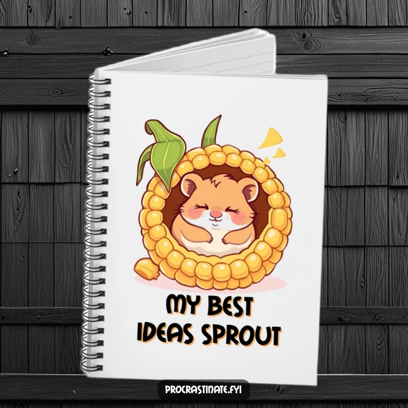 Funny notebook with a happy hamster napping inside a giant corn cob, smiling as it dreams, perfect for jotting down whimsical ideas.