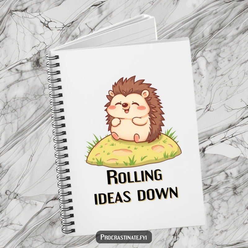 Funny notebook with a joyful hedgehog rolling slowly down a grassy hill, perfect for jotting down thoughts.