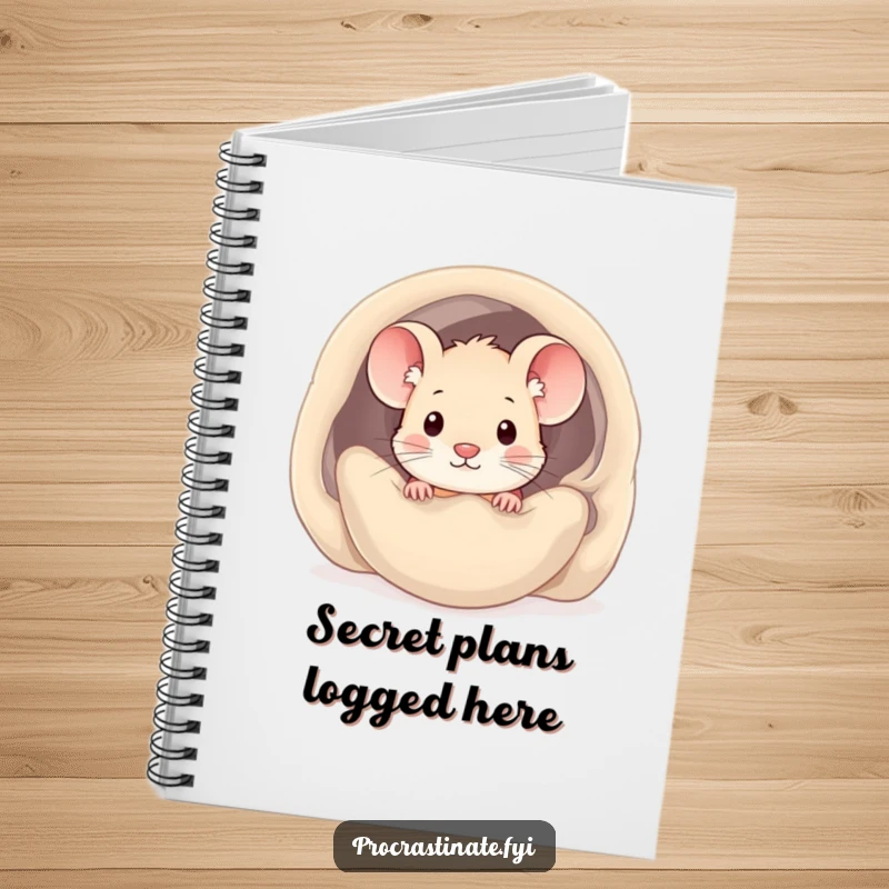 Funny kawaii mouse notebook with a cute character peeking from a cozy blanket, ideal for journaling cozy ideas.