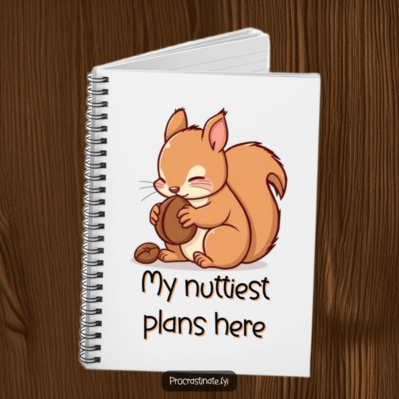 Funny kawaii squirrel notebook with a cute character munching a nut, ideal for notes, journaling, and creative thoughts.