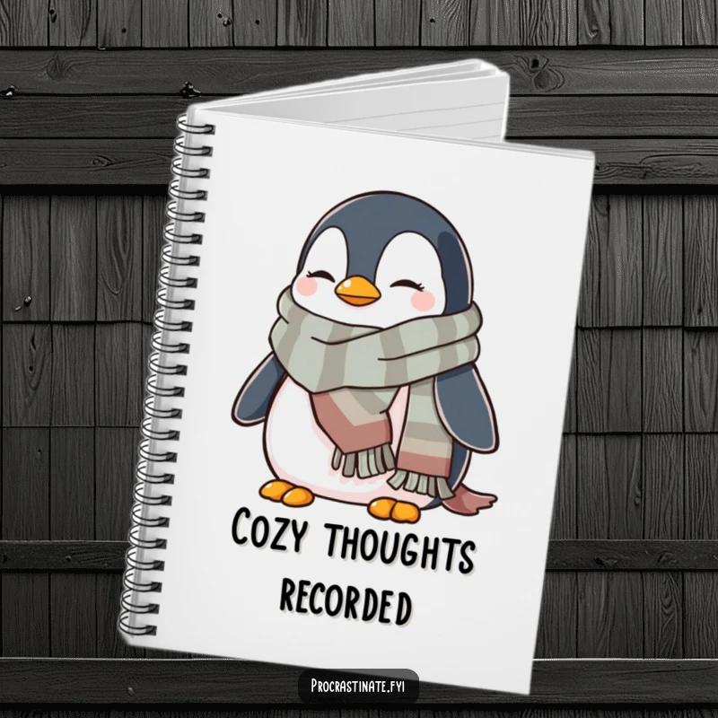 Funny penguin notebook showing a cozy penguin wrapped in a warm scarf, perfect for jotting down warm and fuzzy thoughts.