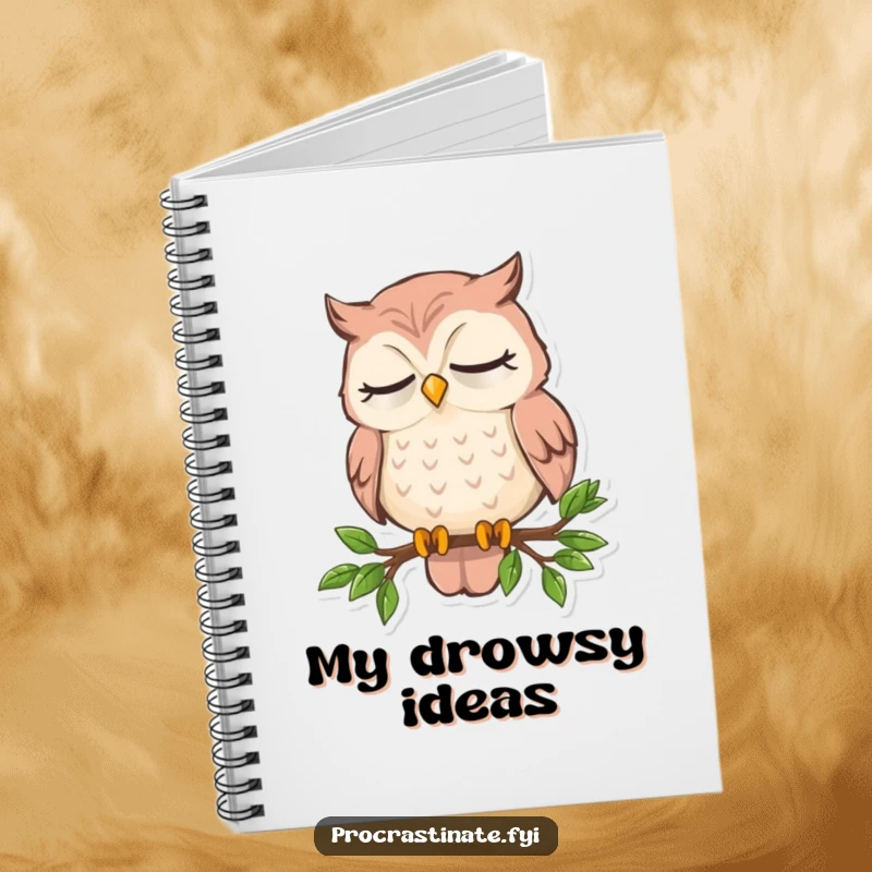 Funny sleepy owl notebook featuring an owl dozing on a tiny branch, perfect for jotting down sleepy thoughts and creative dreams.
