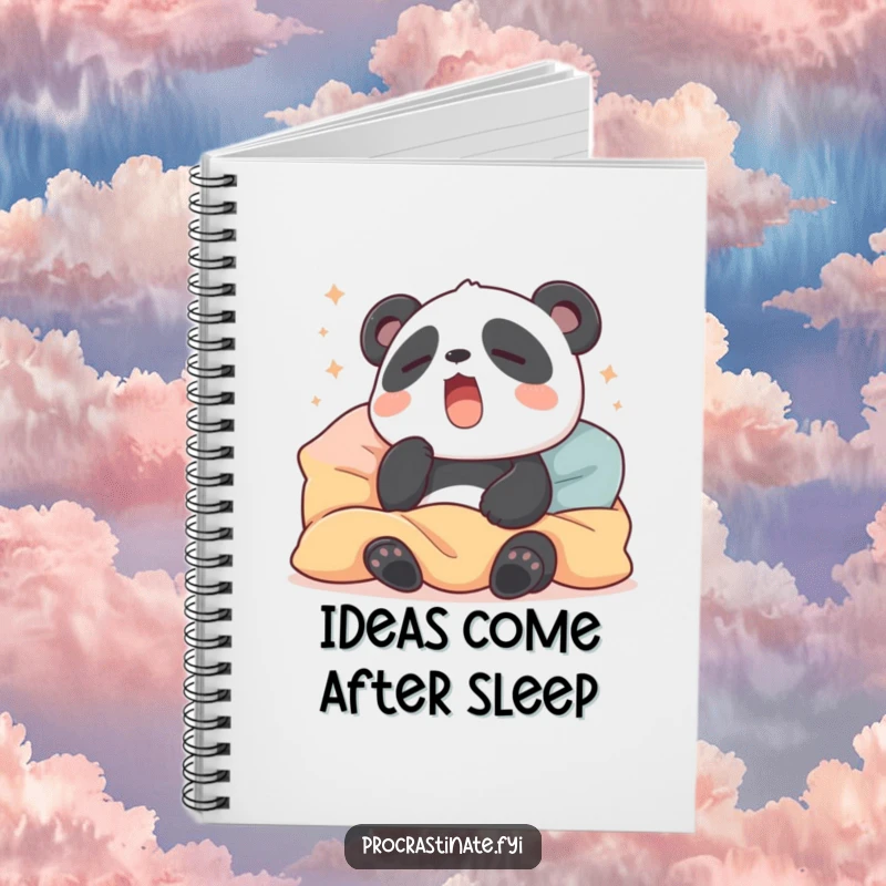 Funny notebook with a sleepy panda yawning wide, surrounded by pillows and blankets, perfect for jotting down cozy thoughts and ideas.