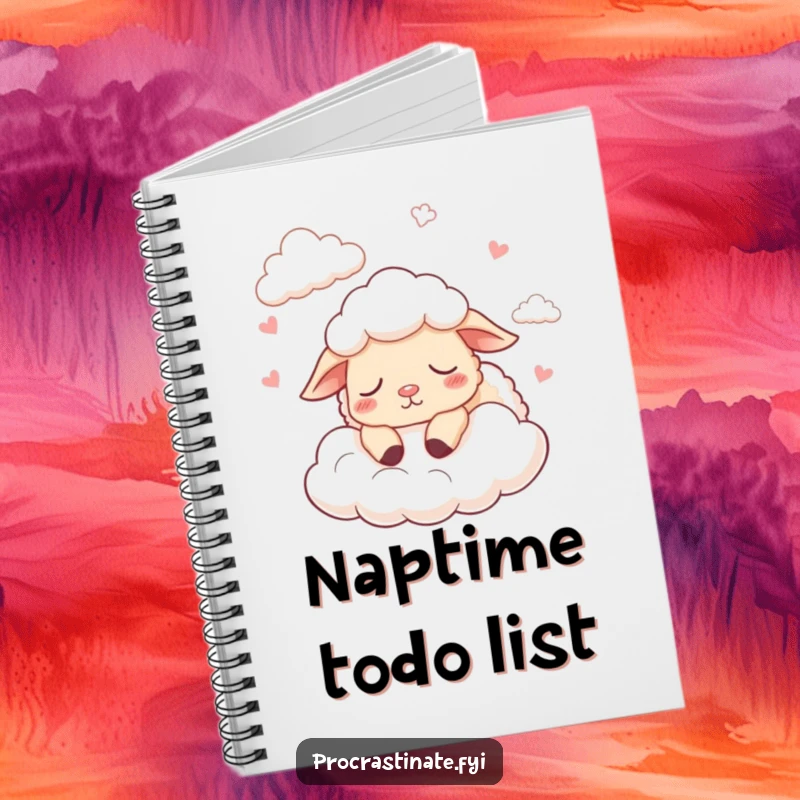 Funny notebook with a sleepy cartoon sheep counting fluffy clouds and dozing off, ideal for notes.