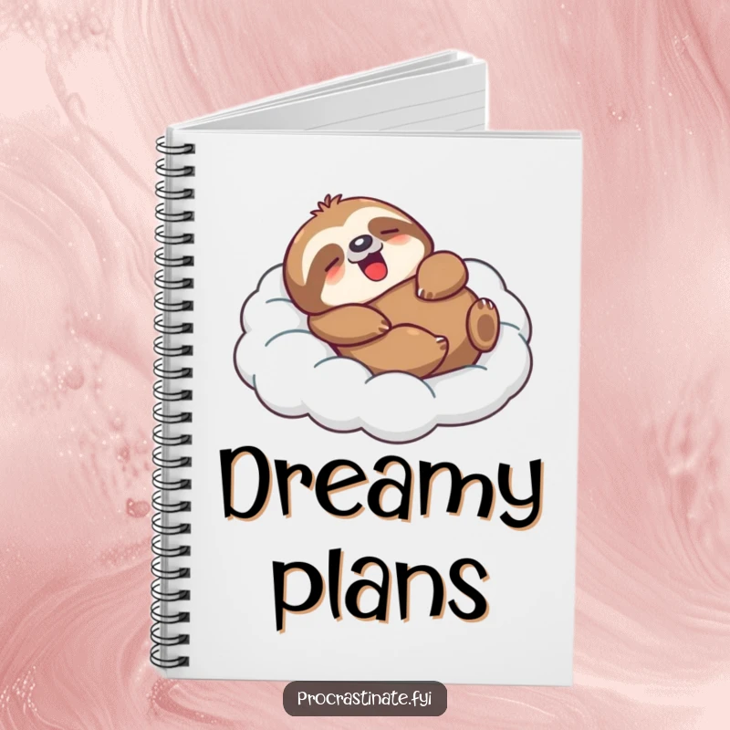 Funny Sloth Notebook showcasing a relaxed character lounging on a cloud, ideal for jotting down notes with a humorous and peaceful theme.