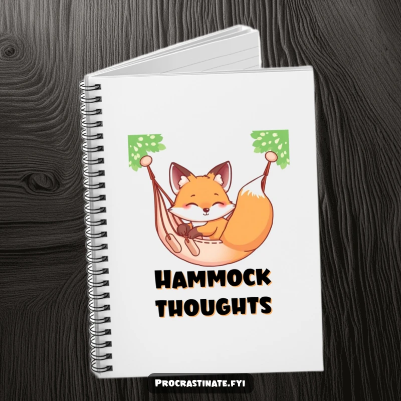 Funny relaxed fox sprawled on a hammock, gently swaying, on the cover of a delightful notebook.