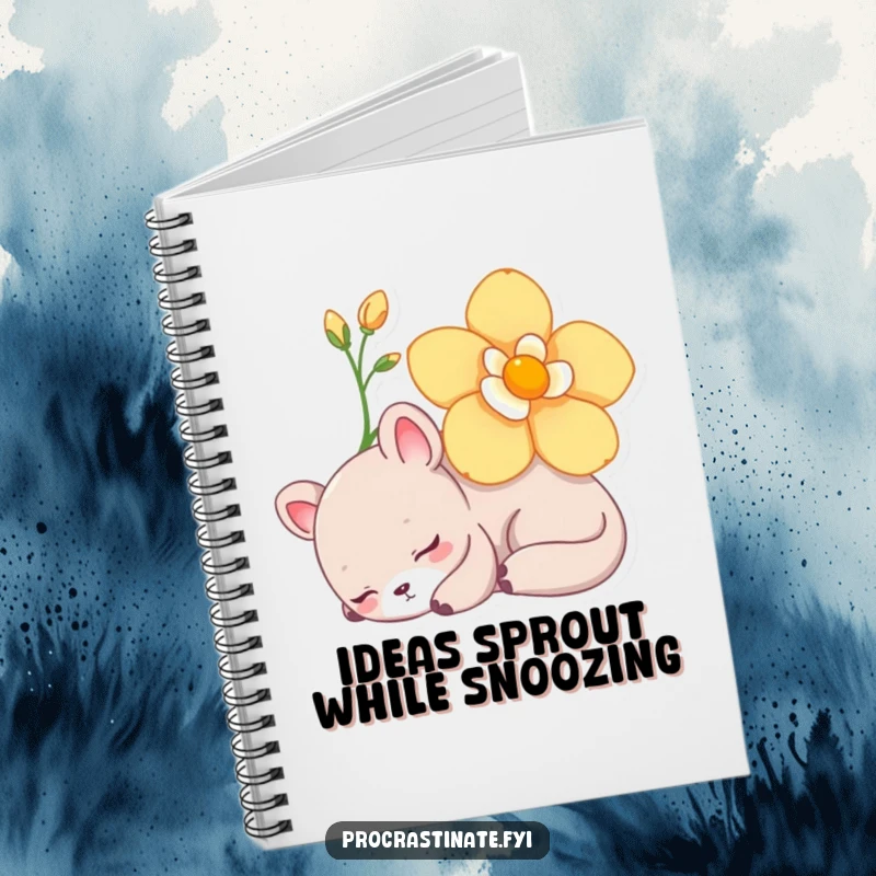 Funny Notebook with a lazy animal character napping under a flower, designed for jotting down peaceful thoughts and ideas.
