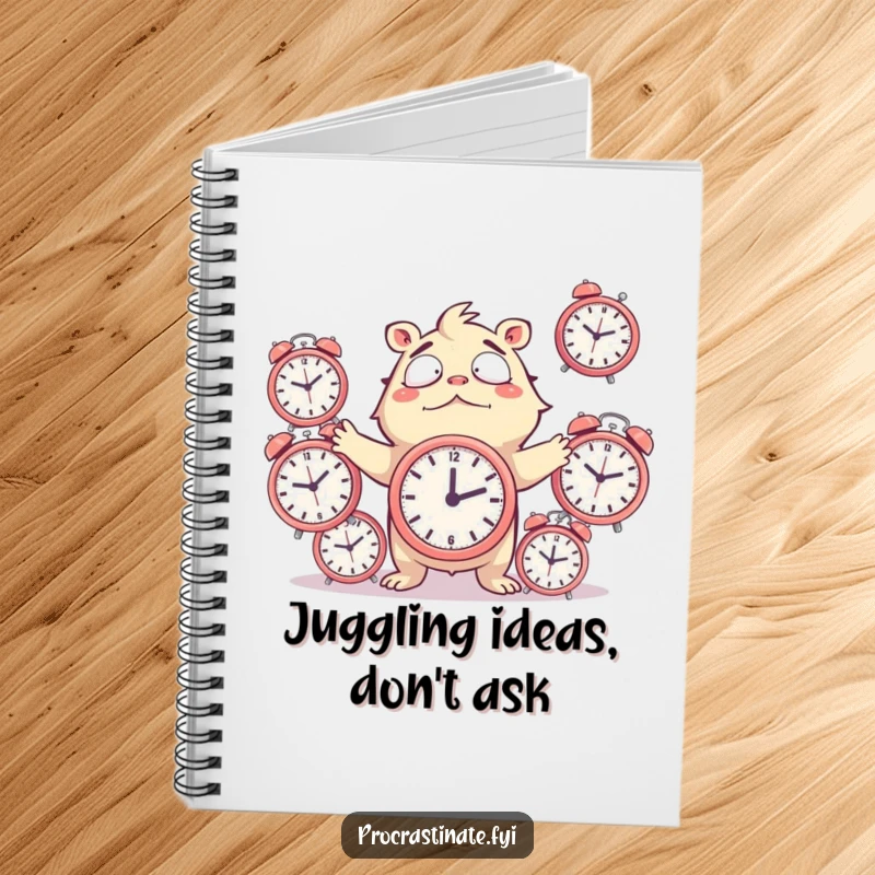 Funny Notebook featuring a creature hilariously juggling ticking alarm clocks, ideal for jotting down plans amidst the chaos.