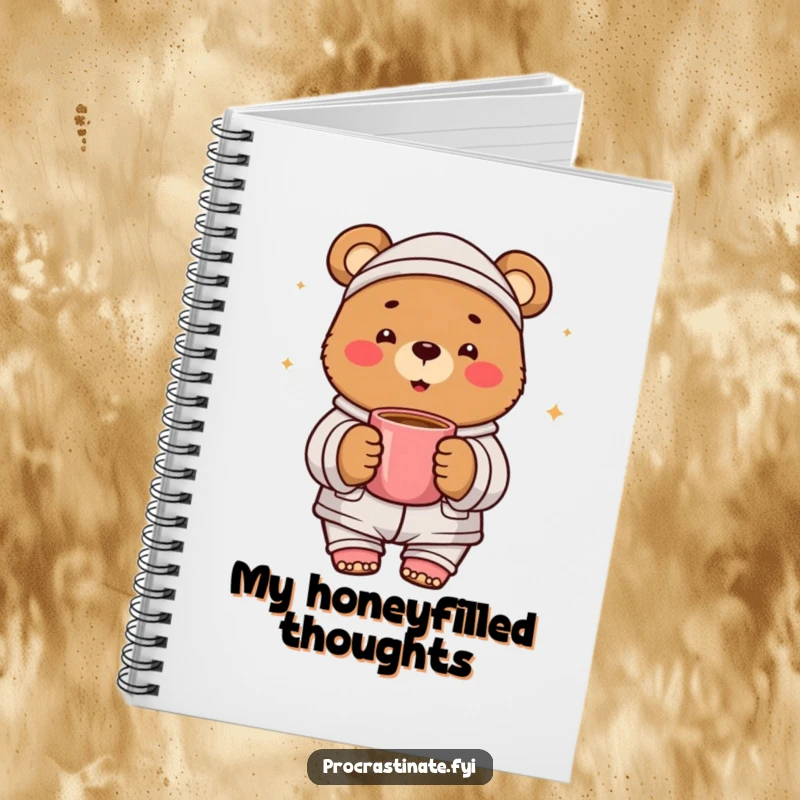 Funny bear pajama notebook featuring a cheerful bear in pajamas holding a warm mug. Perfect for notes.