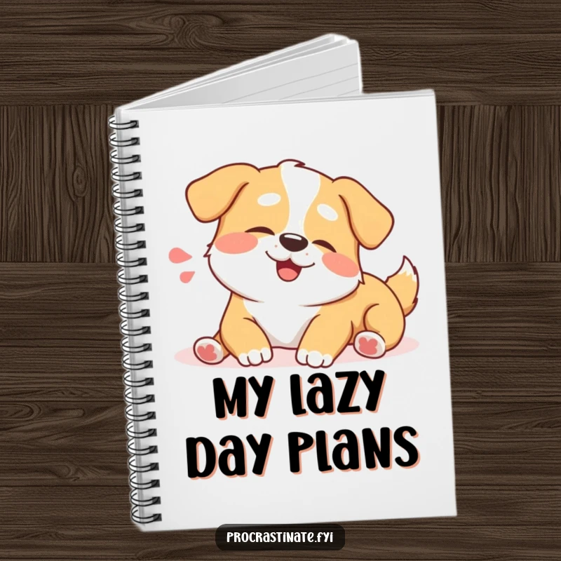 Funny happy dog notebook featuring a contented dog stretching lazily with a happy sigh. Perfect for notes.