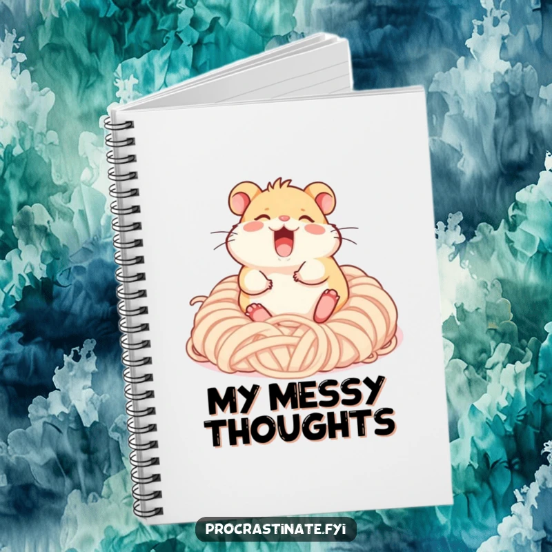 Funny giggling hamster character rolling happily in a pile of soft yarn, a lined notebook for creative ideas.