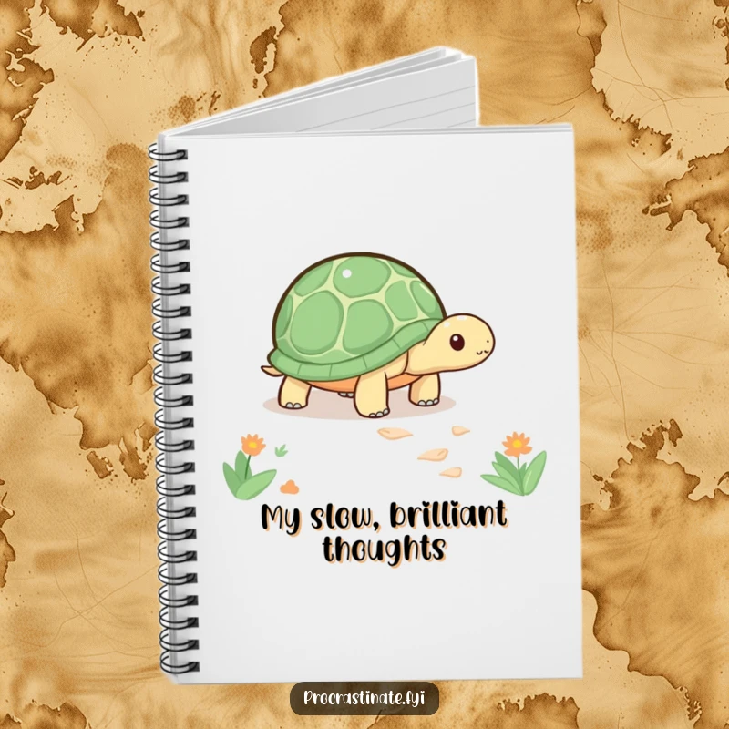 Funny kawaii turtle notebook with a cute character slowly inching along a path, perfect for journaling and mindful notes.
