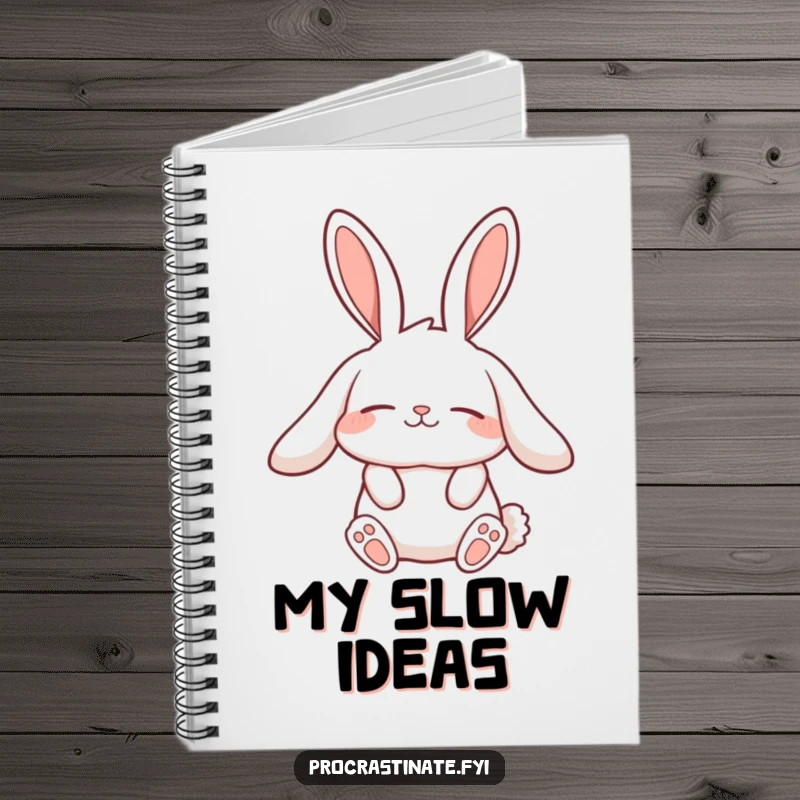 Funny lazy rabbit notebook featuring a character with long, relaxed ears stretching slowly, ideal for serene note-taking and reflection.