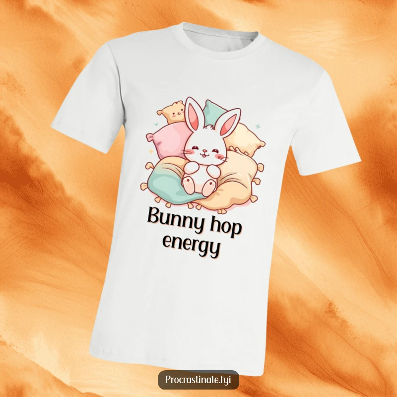Funny bunny pillow bounce t-shirt showing a playful bunny character surrounded by bouncing blankets and pillows. Energetic fun.