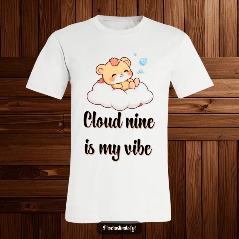 Funny T-Shirt with a cute animal character relaxing on a cloud, cheerfully blowing bubbles, a symbol of playfulness.
