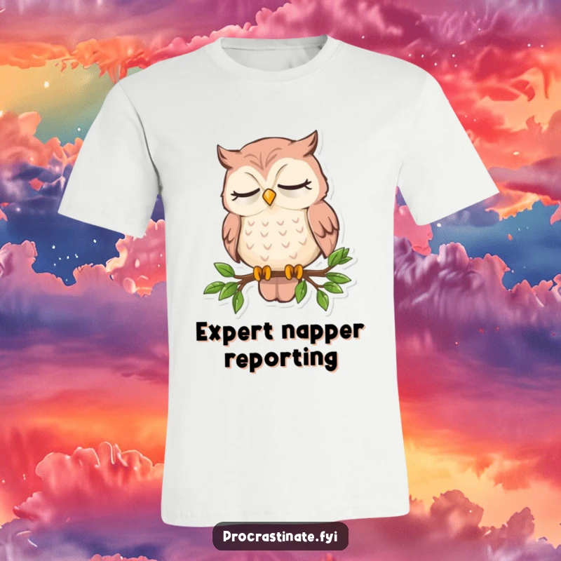 Funny sleepy owl t-shirt featuring an owl dozing off while perched on thin branch, embodying exhaustion and charm.