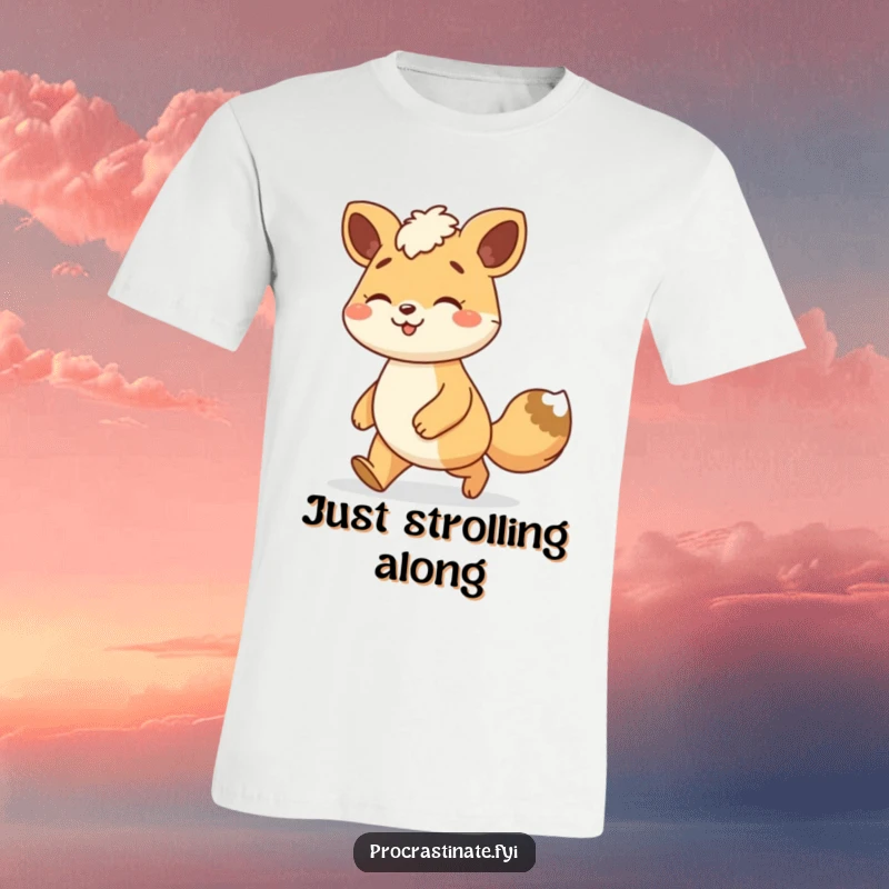 Funny animal character t-shirt featuring a smiling creature enjoying a leisurely stroll with a relaxed gait, radiating calm happiness.