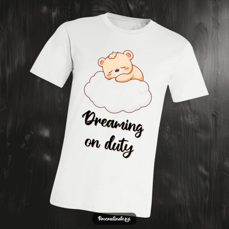 Funny sleepy bear cub napping soundly on a giant fluffy cloud, featured on a soft, comfortable t-shirt.