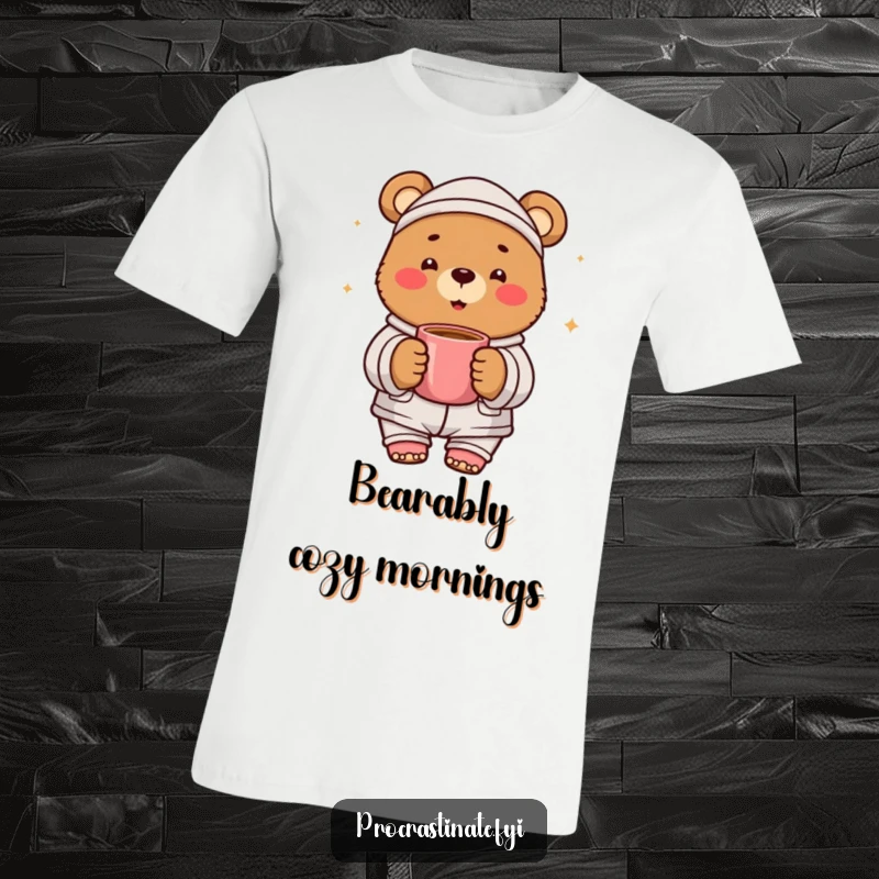 Funny bear pajama t-shirt showing a cheerful bear character dressed in pajamas, happily holding a warm mug. Morning comfort.