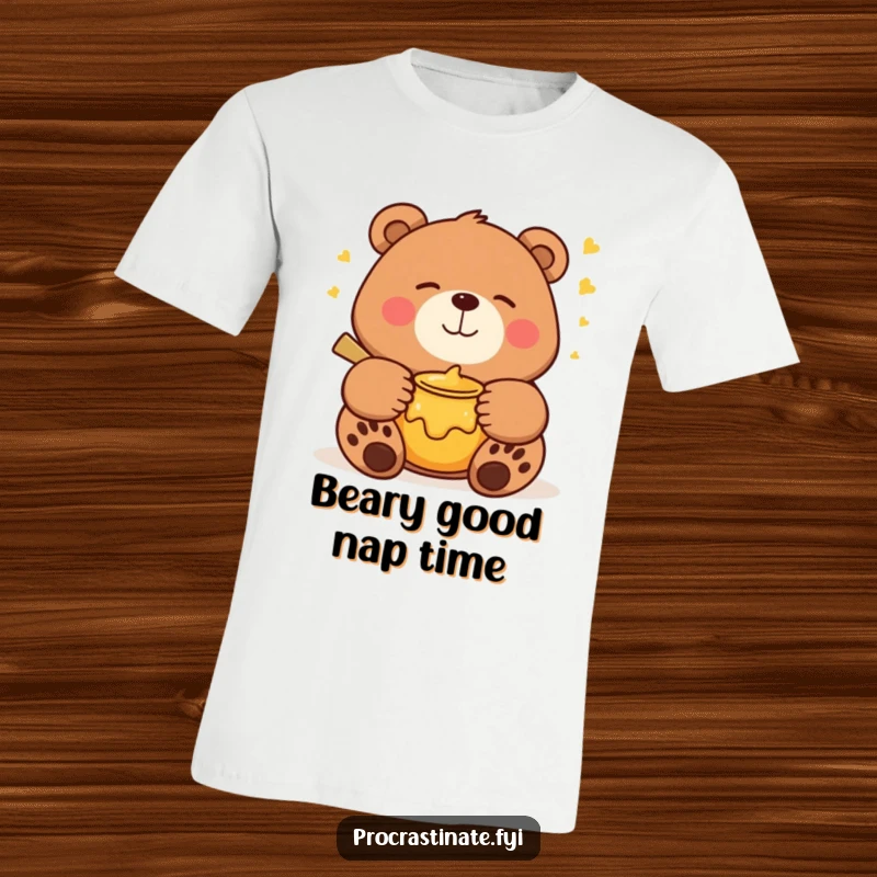Funny bear t-shirt depicting a smiling bear blissfully sleeping with a honey pot, representing sweet dreams and relaxation.
