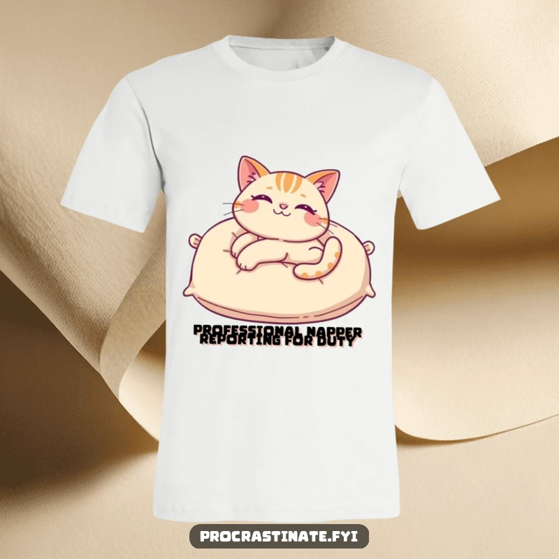 Funny cat t-shirt with a cheerful cat stretching out lazily on an oversized pillow, exuding pure comfort and morning delight.